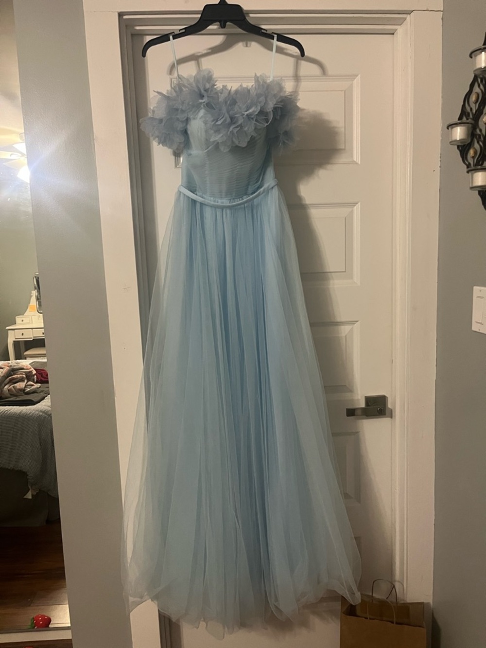 SHEIN Light Blue Tulle Off-Shoulder Floral Bodice Prom Gown
